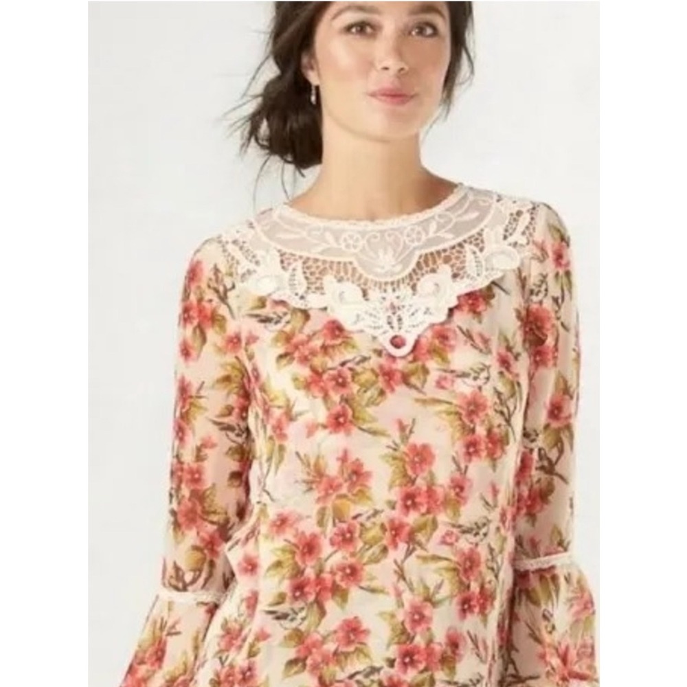 Disney Snow White Whimsical Floral Bird Sheer Lace Peasant Blouse XS Cottagecore